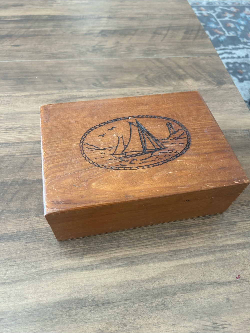 Vintage nautical wooden wood box cigar hinges banquet stamped storage